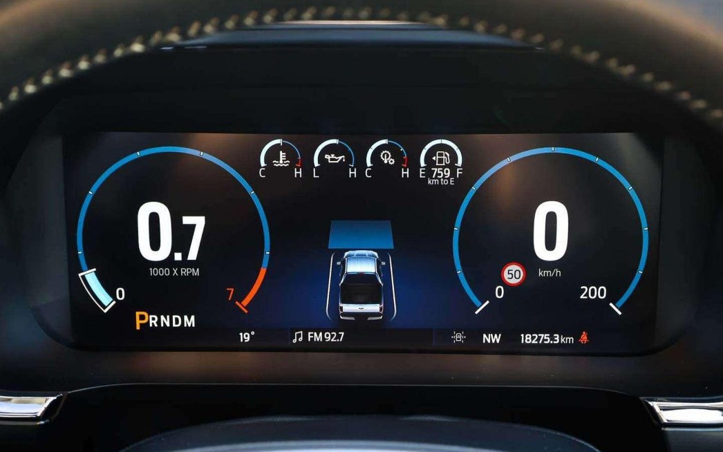 Digital instrument cluster of an American pickup during diagnostic testing