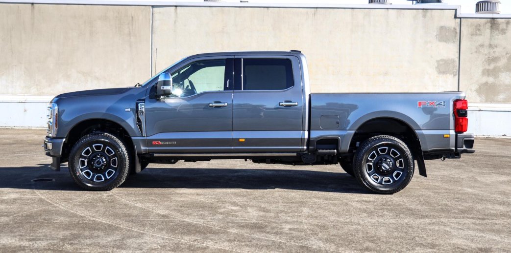 Side profile of a Ford Super Duty sitting level under load
